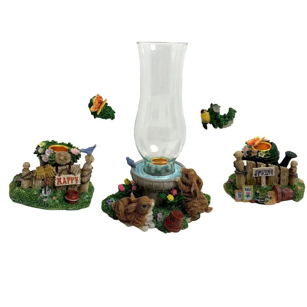 Easter Candle Holder Set Home Decor Spring Garden Bunnies Floral‎ Hurricane
